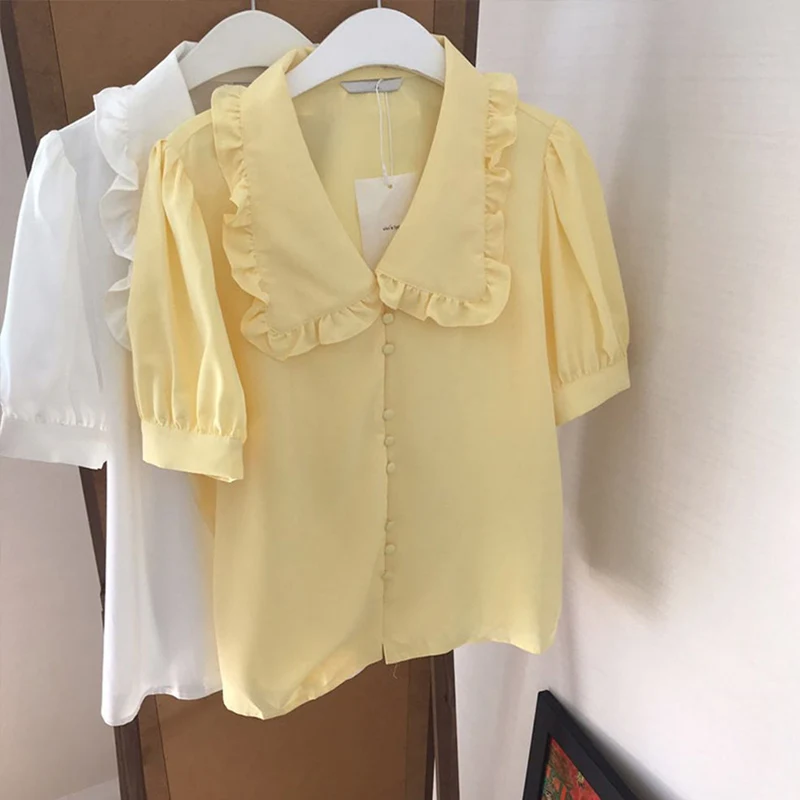 TIGENA 2021 New Summer Blouses Women Korean Cute Peter Pan Collar Short Sleeve Button Up Shirt Female Yellow White Tops Clothing
TIGENA 2021 New Summer Blouses Women Korean Cute Peter Pan Collar Short Sleeve Button Up Shirt Female Yellow White Tops Clothing