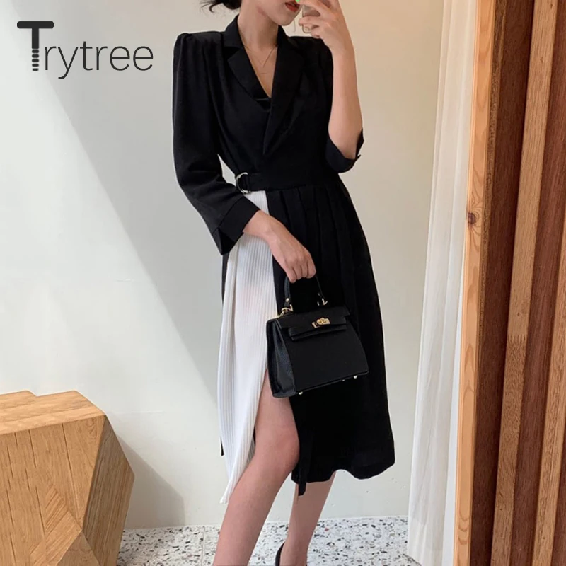 Женское Повседневное платье Trytree черное плиссированное до середины икры в стиле