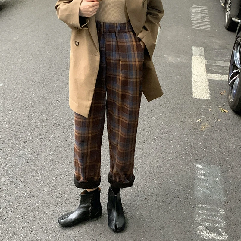 Женские клетчатые брюки HOUZHOU Harajuku с высокой талией зимние плотные коричневые