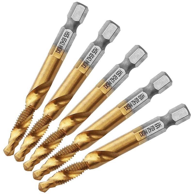 5Pcs Titanium Combination HSS Drill and Tap Set Metric Thread HSS M6 Screw Tapping Bit Tool Metric Plug Hole Drill Bits
5Pcs Titanium Combination HSS Drill and Tap Set Metric Thread HSS M6 Screw Tapping Bit Tool Metric Plug Hole Drill Bits