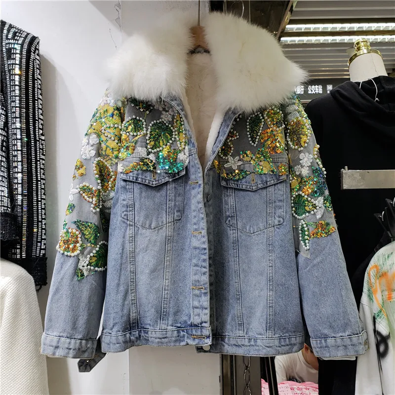Winter Vintage Blue Denim Parkas Women Outwear Heavy Work Beaded Diamond Sequin Removable Liner Big Fur Collar Warm Female Coat
Winter Vintage Blue Denim Parkas Women Outwear Heavy Work Beaded Diamond Sequin Removable Liner Big Fur Collar Warm Female Coat