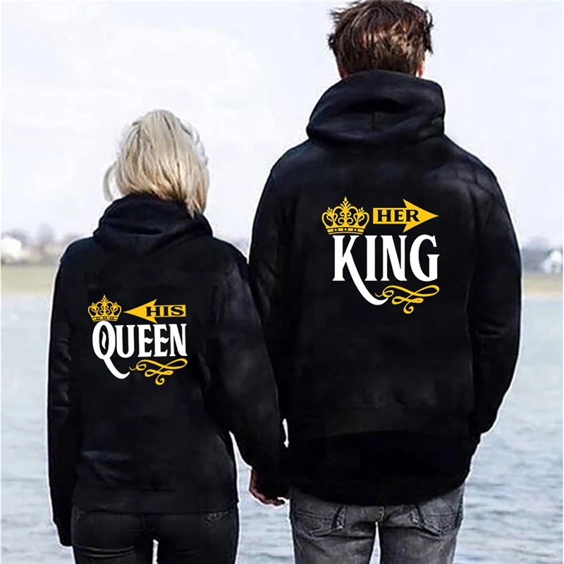 

Women Letter Print Sweatshirts Pullover Men Hoodied Tops HIS QUEEN HER KING Letter Couple Hoodies Autumn Winter