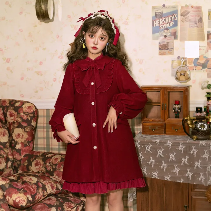 Autumn Japanese Lolita Style Woolen Puff Sleeve Coat Women Heart Button Ruffles Bow A-Line Girly Kawaii Christmas Red Outerwear
Autumn Japanese Lolita Style Woolen Puff Sleeve Coat Women Heart Button Ruffles Bow A-Line Girly Kawaii Christmas Red Outerwear