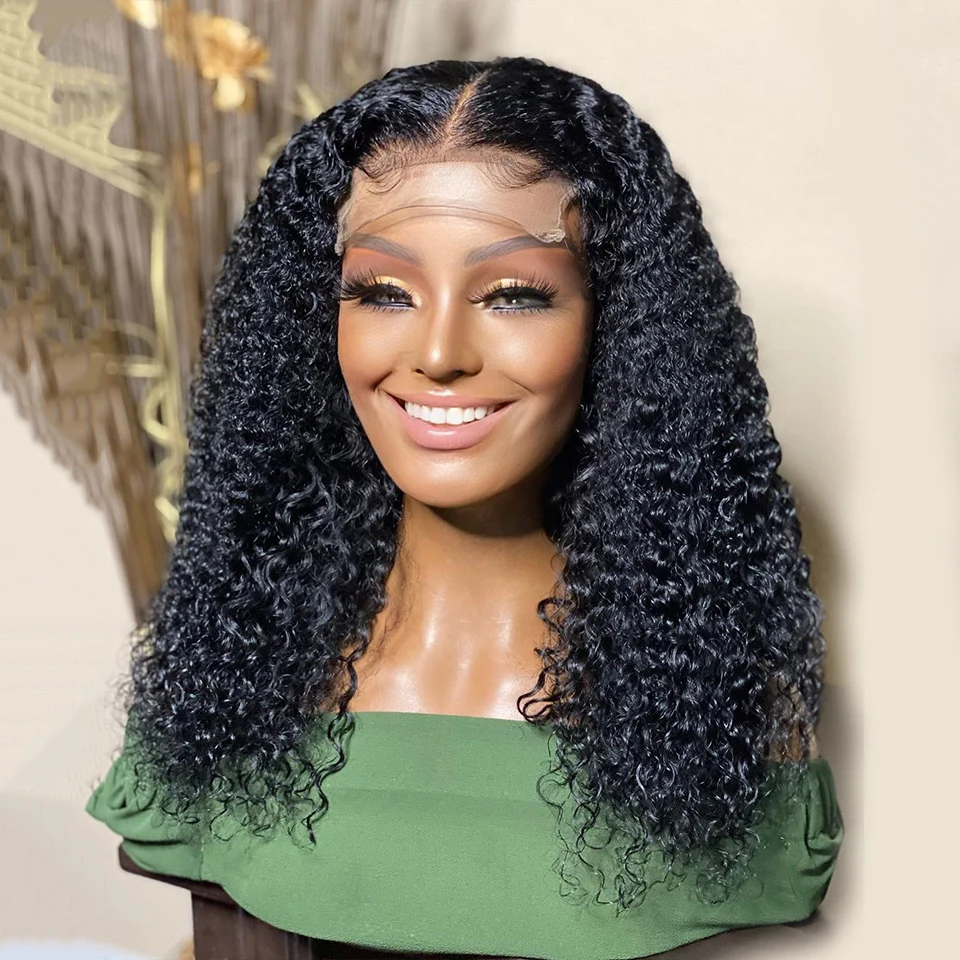 

180% Density Jet Black Kinky Curly Synthetic Lace Front Wig For Black Women Preplucked With Baby Hair Daily wear Heat Resistant