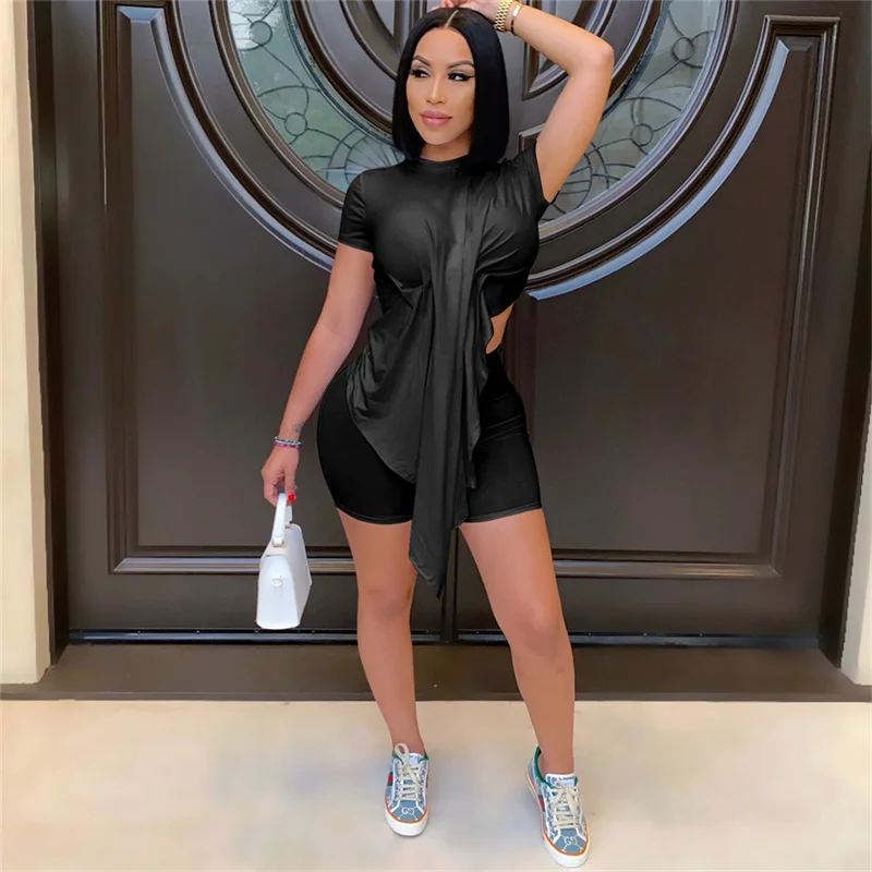 Solid Two Piece Sets Women Casual Outfit Irregular Front Wrinkle Short SleevesTops Elastic Shorts shorts sets
Solid Two Piece Sets Women Casual Outfit Irregular Front Wrinkle Short SleevesTops Elastic Shorts shorts sets