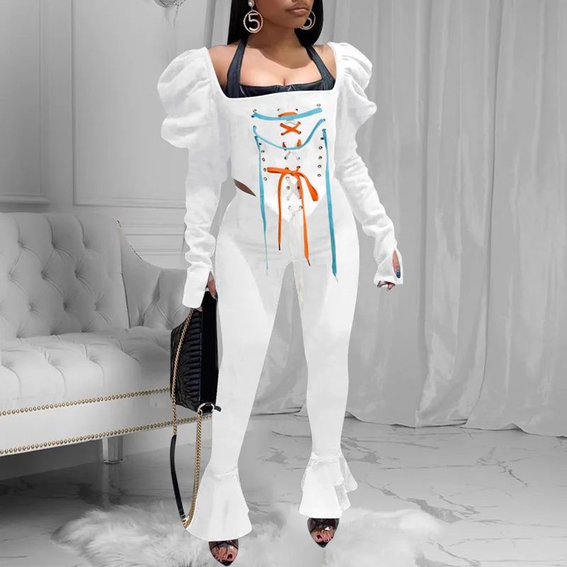 New Fashion Tracksuit Two Piece Set Women Causal Corset Bandage Pulf Sleeve Crop Tops and Leggings Flare Pants Suit
New Fashion Tracksuit Two Piece Set Women Causal Corset Bandage Pulf Sleeve Crop Tops and Leggings Flare Pants Suit