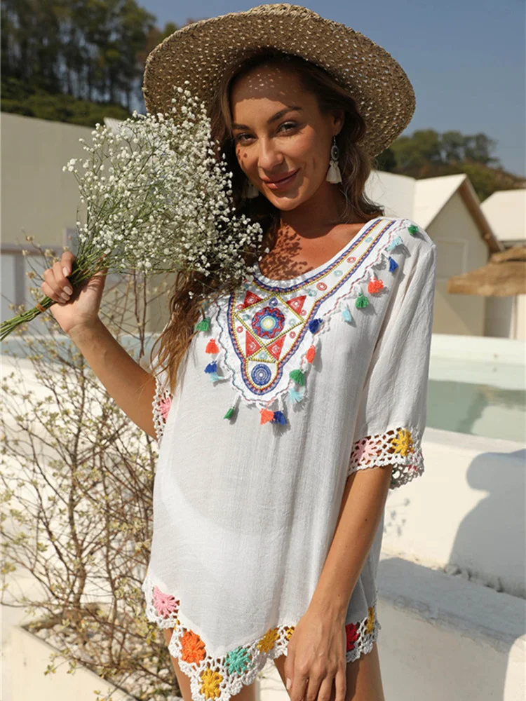 Summer Casual Colorful Embroidered Hand Hook Stitching Five-Point Sleeve Loose Beach Blouse Dress Women Bikini Cover-ups Dress 
Summer Casual Colorful Embroidered Hand Hook Stitching Five-Point Sleeve Loose Beach Blouse Dress Women Bikini Cover-ups Dress