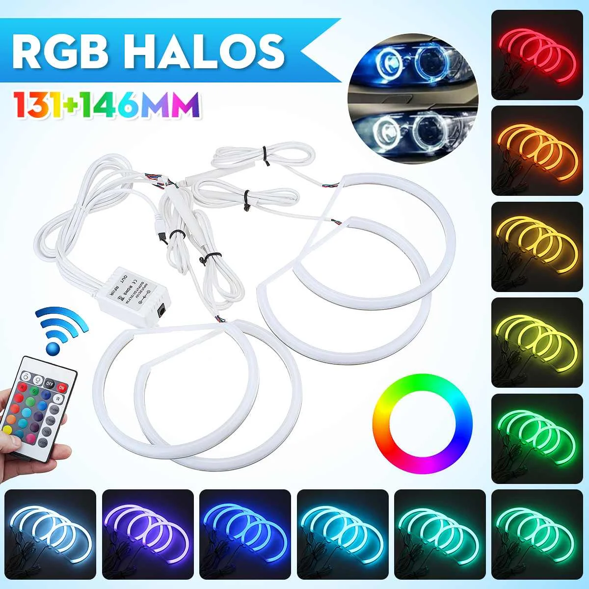 Комплект хлопковых галогеновых колец RGB Angel eyes 2*131 мм и 2*146 мм, для BMW E46 A + B, без проектора, 4D, 16 цветов, с пультом дистанционного управления
Комплект хлопковых галогеновых колец RGB Angel eyes 2*131 мм и 2*146 мм, для BMW E46 A + B, без проектора, 4D, 16 цветов, с пультом дистанционного управления