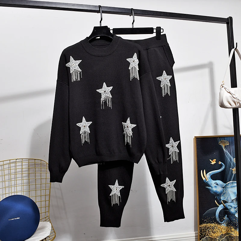 Black Knitted Tracksuit Set Women Diamond Chain Tassel Pullover Sweater Long Pants Two Piece Outfits Loose Knitting Suit Female
Black Knitted Tracksuit Set Women Diamond Chain Tassel Pullover Sweater Long Pants Two Piece Outfits Loose Knitting Suit Female
