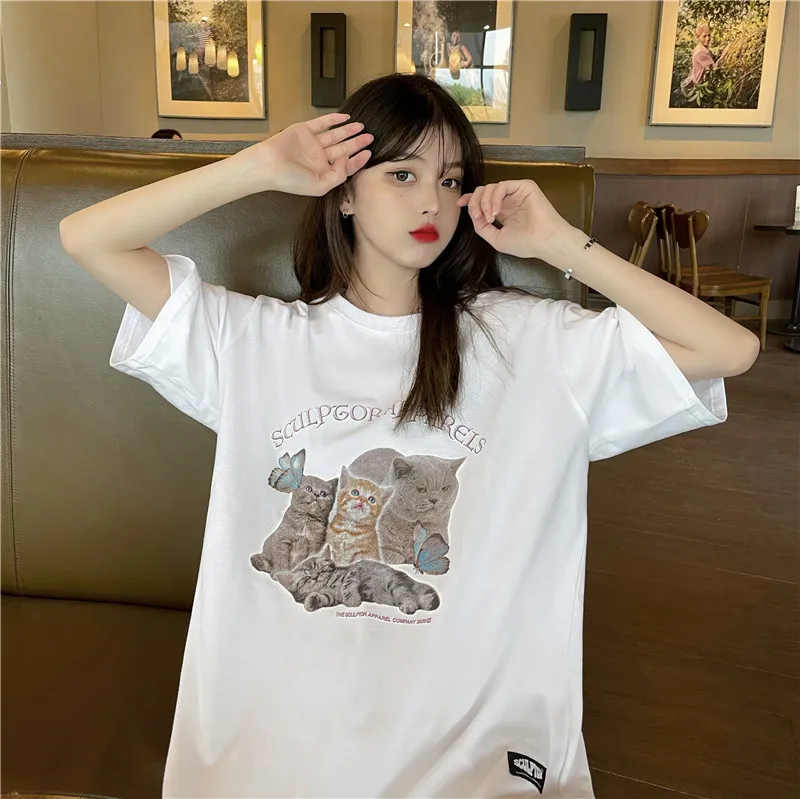 Cat letter printing 2021 new summer all-match casual loose short-sleeved T-shirt female round neck commuter
Cat letter printing 2021 new summer all-match casual loose short-sleeved T-shirt female round neck commuter