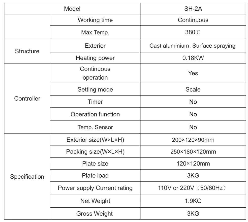 SH-2A Laboratory Magnetic HotPlate, 12x12cm Aluminium Panel, 100~2000rpm / min, 2L Volume, Heating Type not stirring function 
SH-2A Laboratory Magnetic HotPlate, 12x12cm Aluminium Panel, 100~2000rpm / min, 2L Volume, Heating Type not stirring function