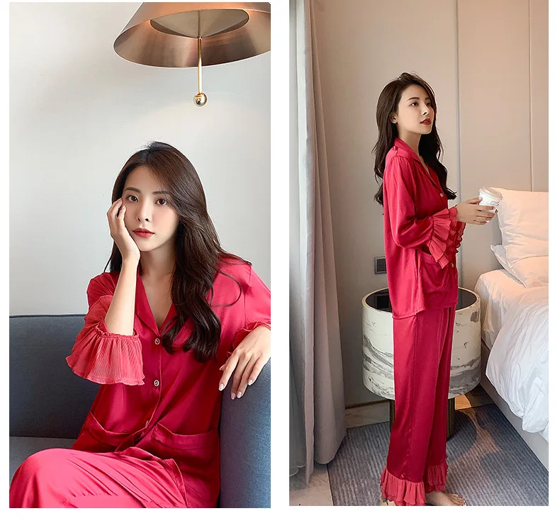 Fdfklak Spring New Women Silk Satin Pyjamas Set Long Sleeve Trousers Pajamas Button-Down Solid Color 2PCS Sleepwear
Fdfklak Spring New Women Silk Satin Pyjamas Set Long Sleeve Trousers Pajamas Button-Down Solid Color 2PCS Sleepwear