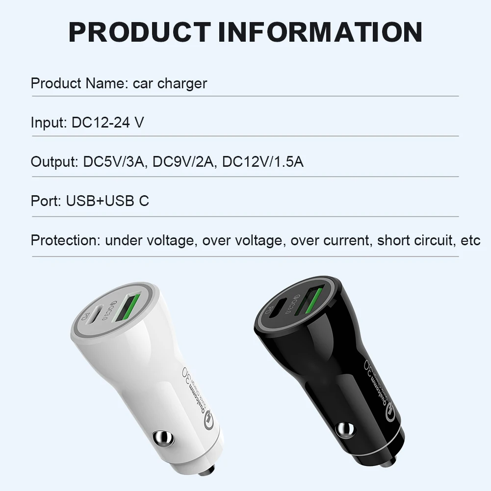 Car Charger 3A Fast Charging Dual-Port QC3.0+PD Cigarette Lighter Charger Adapter for iPhone Galaxy
Car Charger 3A Fast Charging Dual-Port QC3.0+PD Cigarette Lighter Charger Adapter for iPhone Galaxy