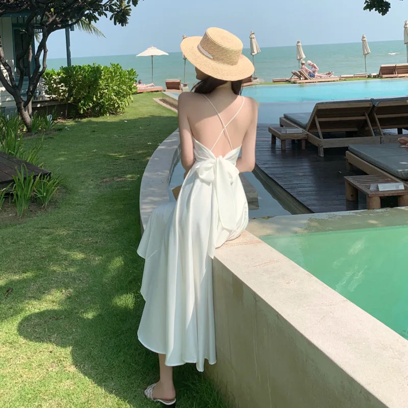 Фото Женское атласное платье Макси без рукавов винтажное длинное пляжное с открытой