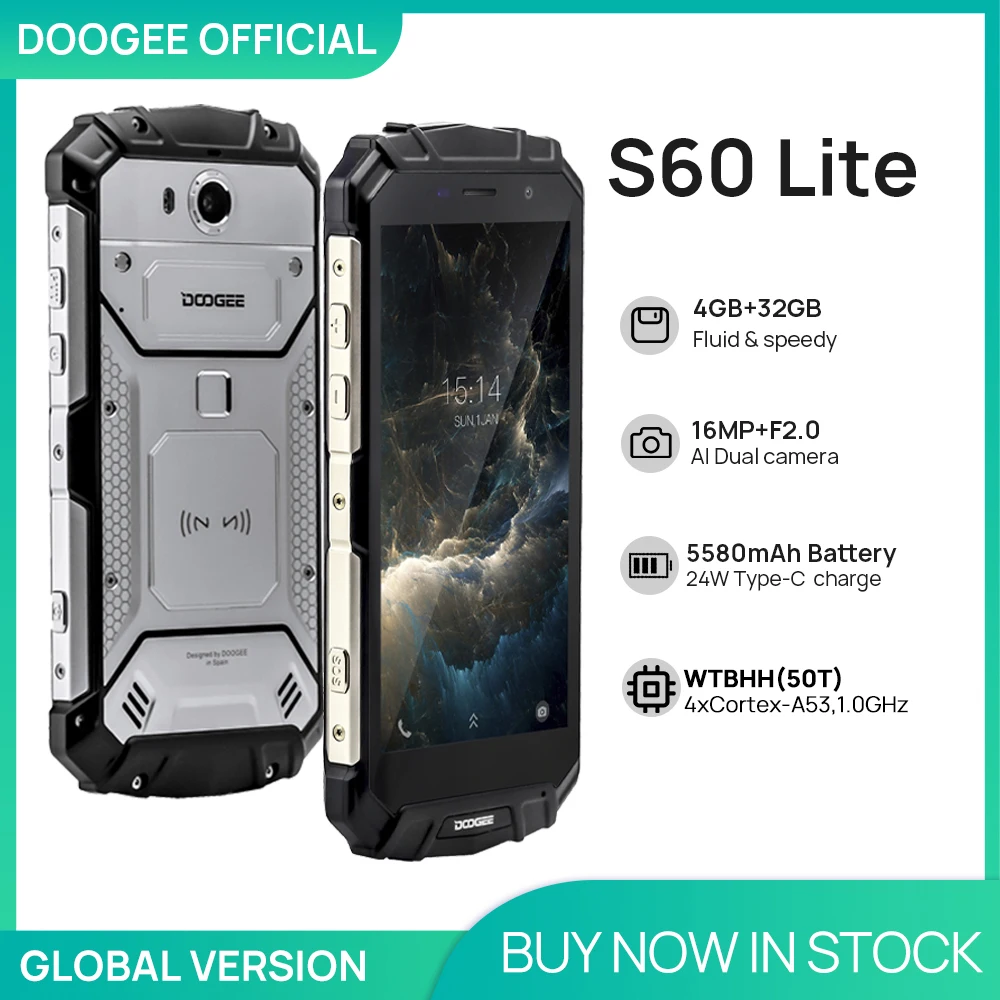 

DOOGEE S60 Lite IP68 Wireless Charge Smartphone 5580mAh 12V2A Quick Charge 16.0MP 5.2'' FHD MTK6750T Octa Core 4GB RAM 32GB ROM