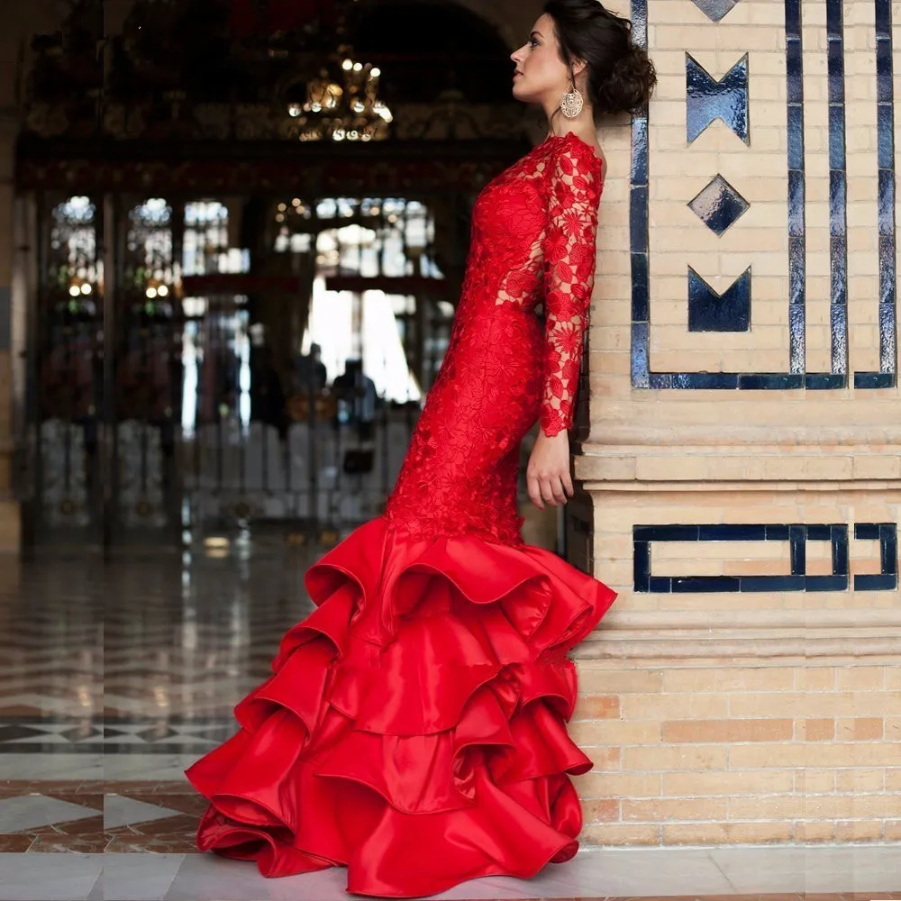 Elegant Lace Mermaid Evening Dress Red Long Sleeve Prom Dresses Backless Formal Gowns Ruffles Sweep Train Vestido de Festa Longo
Elegant Lace Mermaid Evening Dress Red Long Sleeve Prom Dresses Backless Formal Gowns Ruffles Sweep Train Vestido de Festa Longo