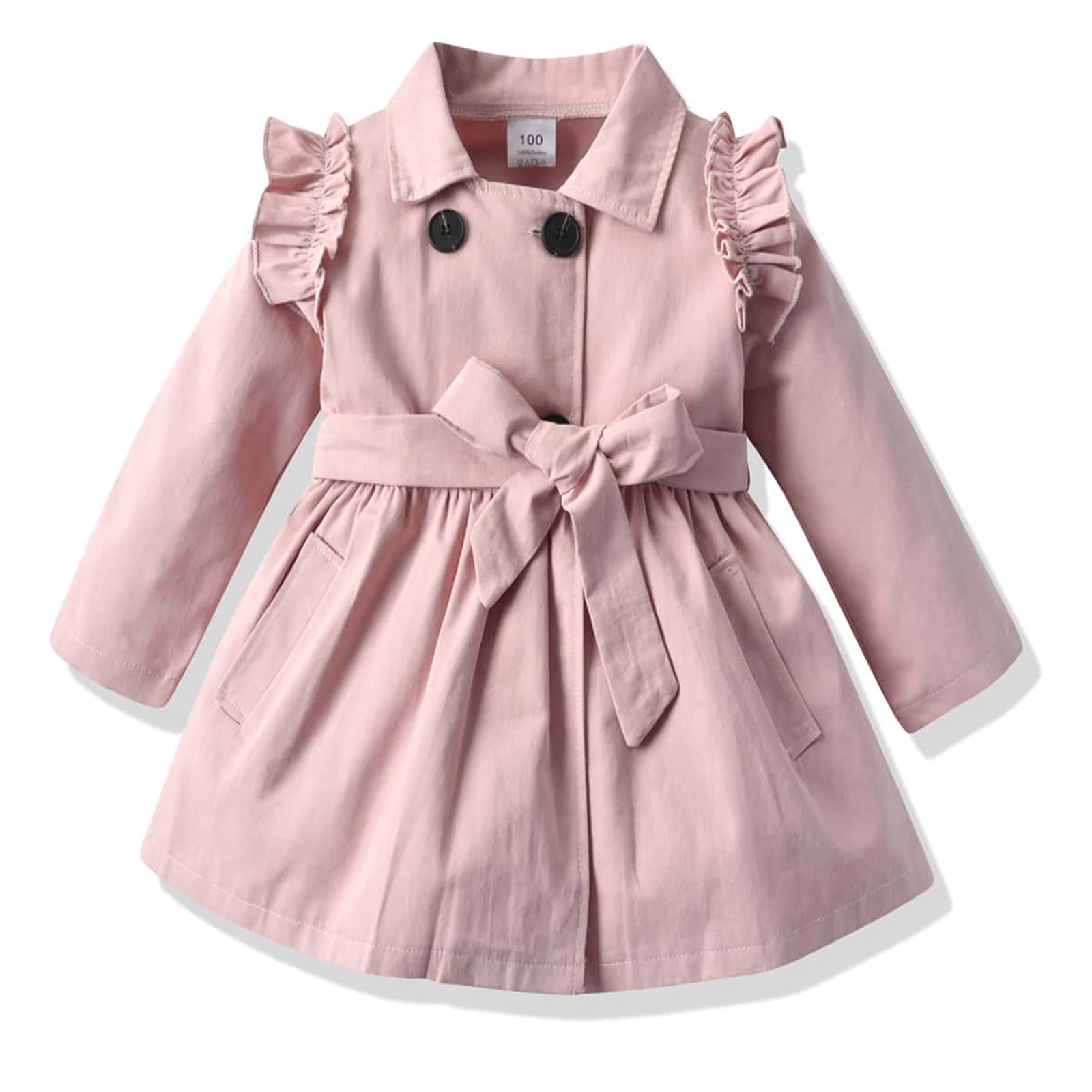 

Girls Trench Coat and Waistband Pink Solid Color Long Fly Sleeves Ruffle Button-down Collared Jacket 1-6 Years