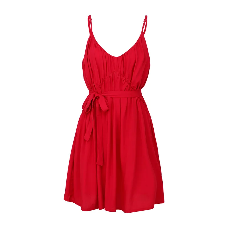 Women Sexy Deep V Neck Spaghetti Straps Empire Beach Dress Summer Backless Solid Pleated Belt Ladies Mini Dresses 
Women Sexy Deep V Neck Spaghetti Straps Empire Beach Dress Summer Backless Solid Pleated Belt Ladies Mini Dresses