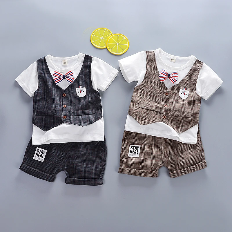 

Baby Boy Clothing Sets Infants Newborn Boy Clothes Shorts Sleeve Tops+Overalls 2PCS Outfits Summer Bebes Waistcoat Clothing