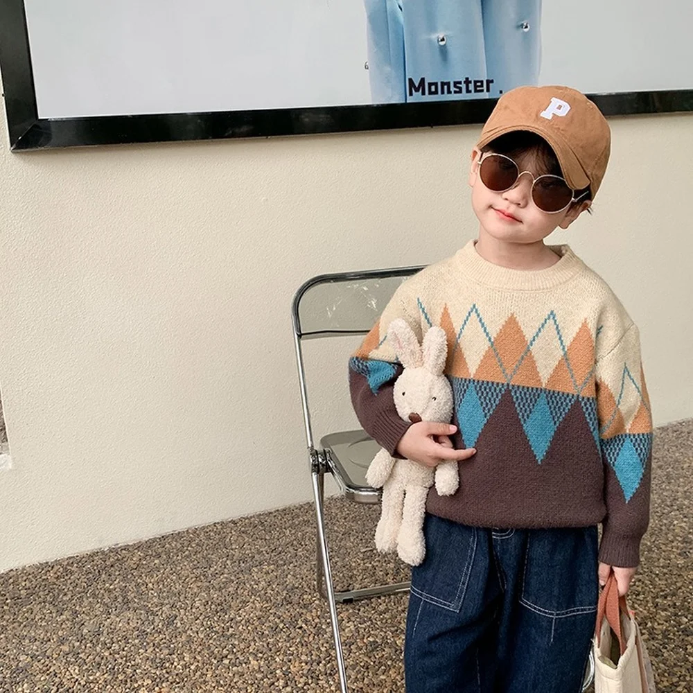 Winter kids diamond check flocking O-Neck sweaters Boys Girls fashion Color contrast warm knitted pullovers 1-7Y 
Winter kids diamond check flocking O-Neck sweaters Boys Girls fashion Color contrast warm knitted pullovers 1-7Y