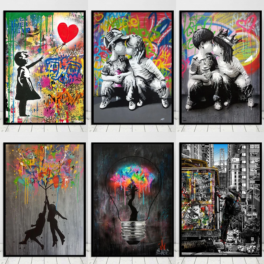 Бэнкси Улица граффити искусство любовь мальчик и девочка Холст Картина Куадрос
