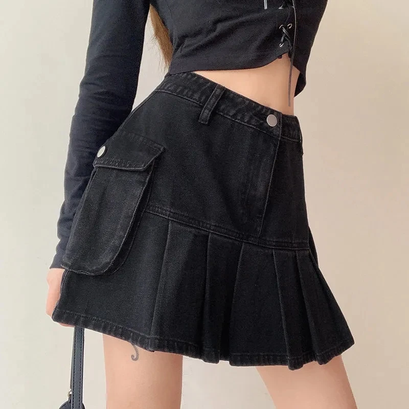 Pleated Skirt Denim Women Design Mini Skirt Fashion Spring High Waist Korean A-line Pocket Ladies Faldas High Fashion New 
Pleated Skirt Denim Women Design Mini Skirt Fashion Spring High Waist Korean A-line Pocket Ladies Faldas High Fashion New