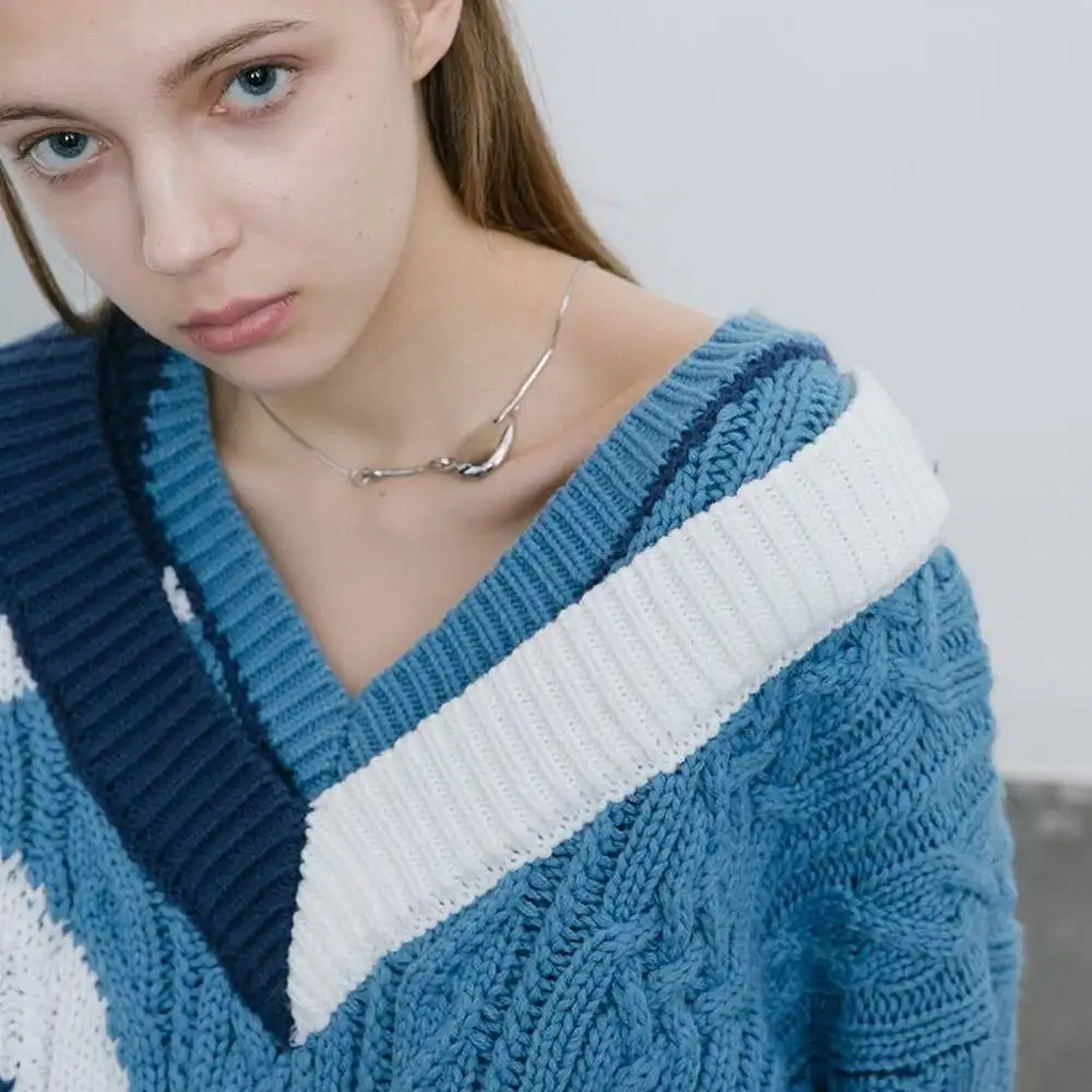 Elegant Harajuku Knitted Sweater Loose Pull Col Rouler Femme Warm Blue Patchwork V-Neck Hip Hop Streetwear Pullover Womens Tops
Elegant Harajuku Knitted Sweater Loose Pull Col Rouler Femme Warm Blue Patchwork V-Neck Hip Hop Streetwear Pullover Womens Tops