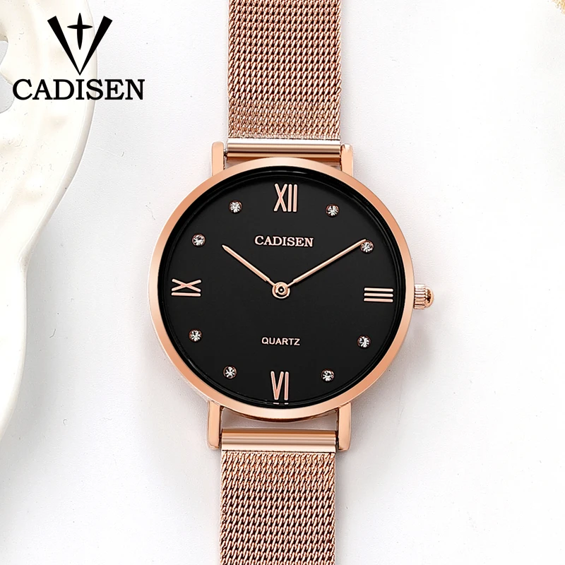 

2020 CADISEN Brand Luxury Fashion Ladies Watch Thin Rose Gold Steel Mesh band Quartz Wristwatches Women Gift relogio feminino