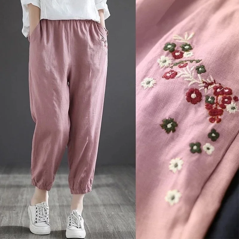 Vintage 4XL Embroidery Cotton Women Pants Summer Elastic Waist Loose Casual Harem Pants Women's Trousers Y308
Vintage 4XL Embroidery Cotton Women Pants Summer Elastic Waist Loose Casual Harem Pants Women's Trousers Y308