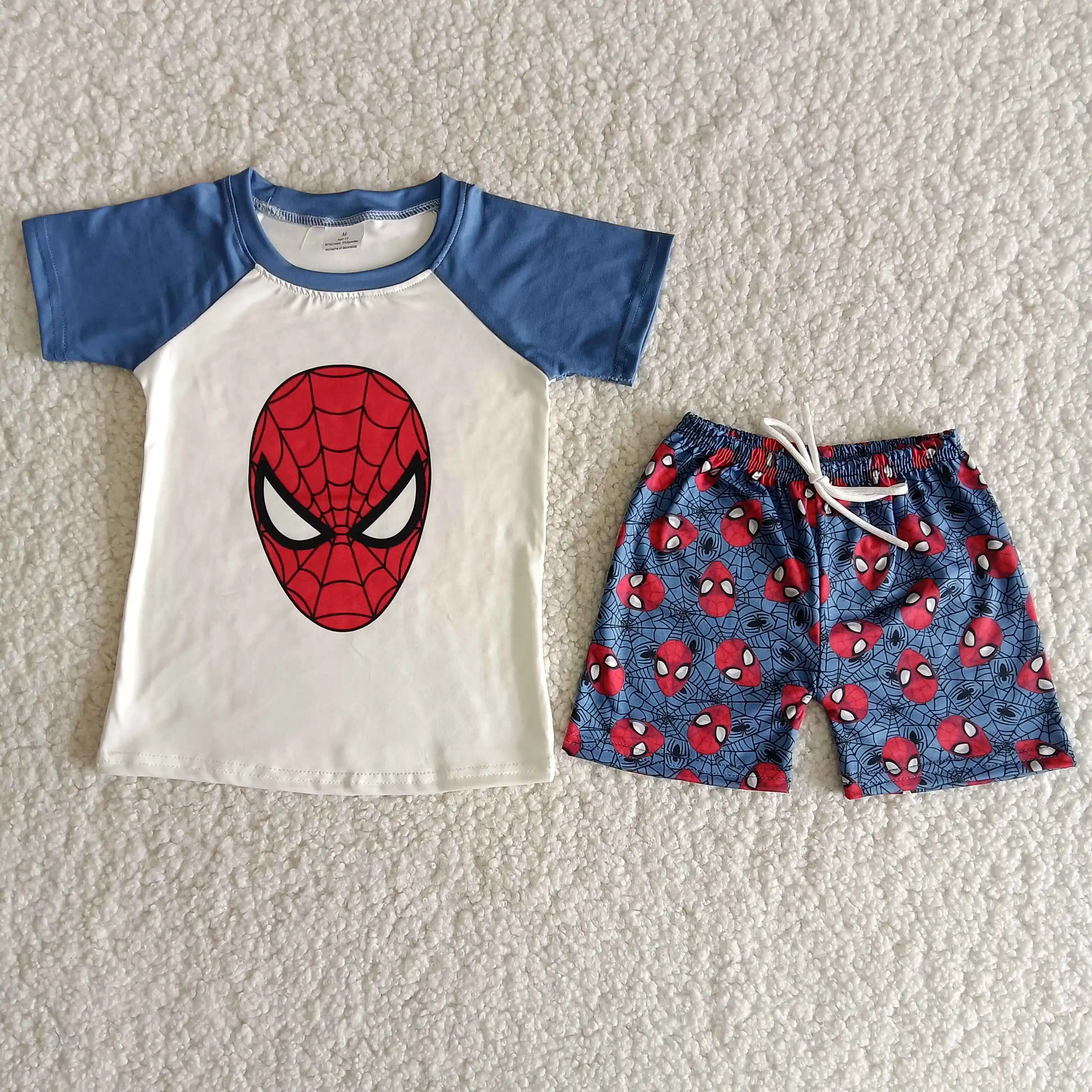 Summer Boy's Clothes A Blue Print Patchwork T-shirt With Cartoon Spider Characters Is Paired With Drawstring Shorts 
Summer Boy's Clothes A Blue Print Patchwork T-shirt With Cartoon Spider Characters Is Paired With Drawstring Shorts
