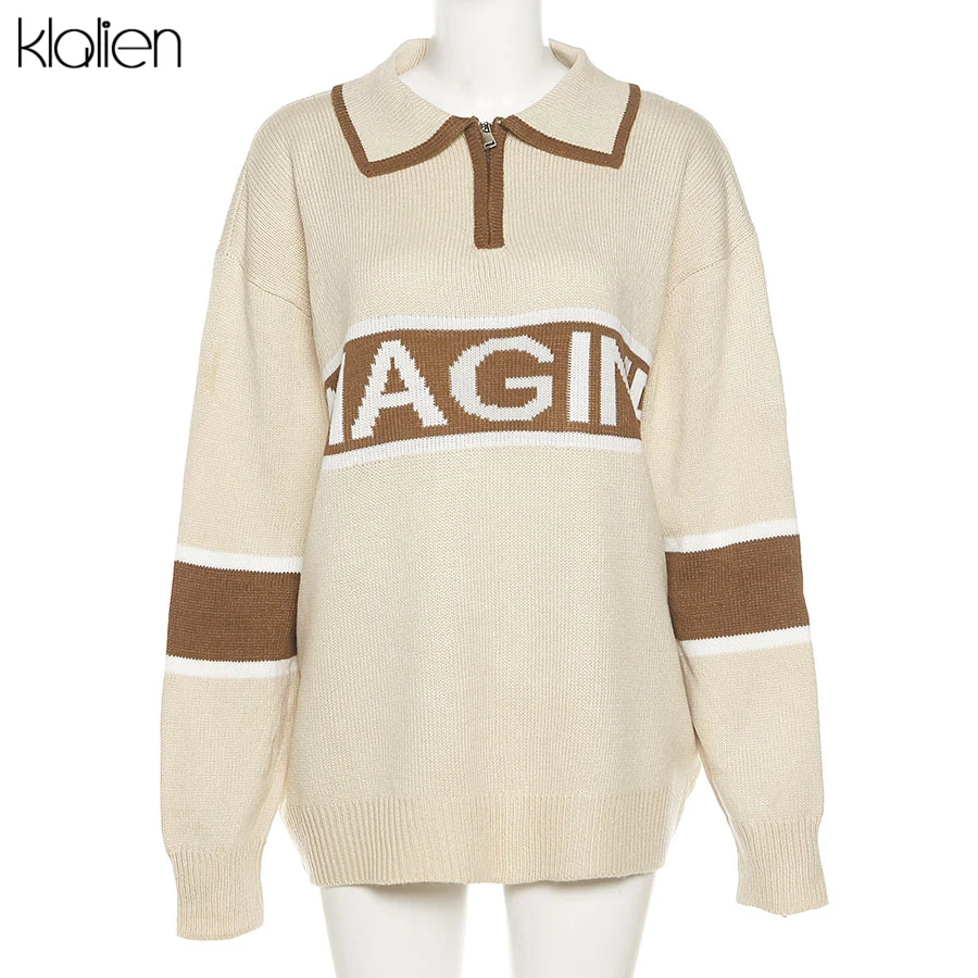 KLALIEN Autumn Fashion Casual Print Letter Zipper Loose Knit Sweater For Women 2021 New Warm Streetwear Pullover Female
KLALIEN Autumn Fashion Casual Print Letter Zipper Loose Knit Sweater For Women 2021 New Warm Streetwear Pullover Female