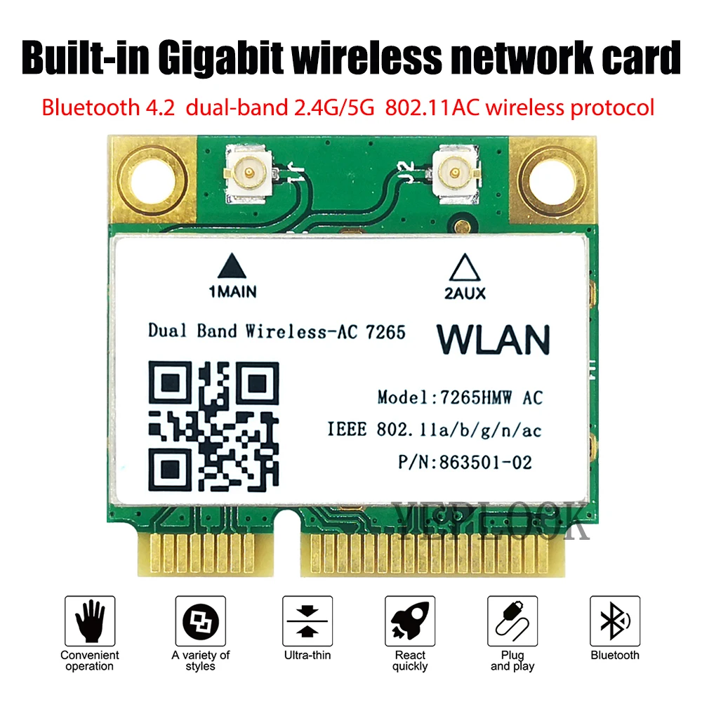 

1200Mbps Wireless MC-AC7265 Intel 7265 7265HMW Half Mini PCI-E Wifi Card 802.11ac 2x2 WiFi + BT4.2 Dual Band 2.4G/5GHz