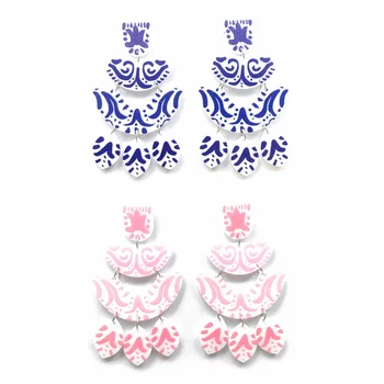 Trendy Semicircle Blue And Pink Ethnic Pattern With Elliptical Drops Acrylic Stud Earrings For Women Fashion Jewelry Gifts