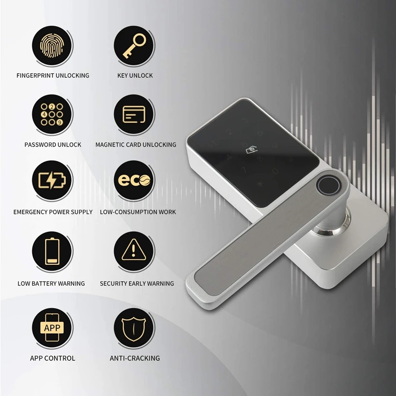 Bluetooth Enabled Fingerprint and Contact Screen Electronic Smart Door Lock for IOS and Android Keyless Entry Matching
Bluetooth Enabled Fingerprint and Contact Screen Electronic Smart Door Lock for IOS and Android Keyless Entry Matching