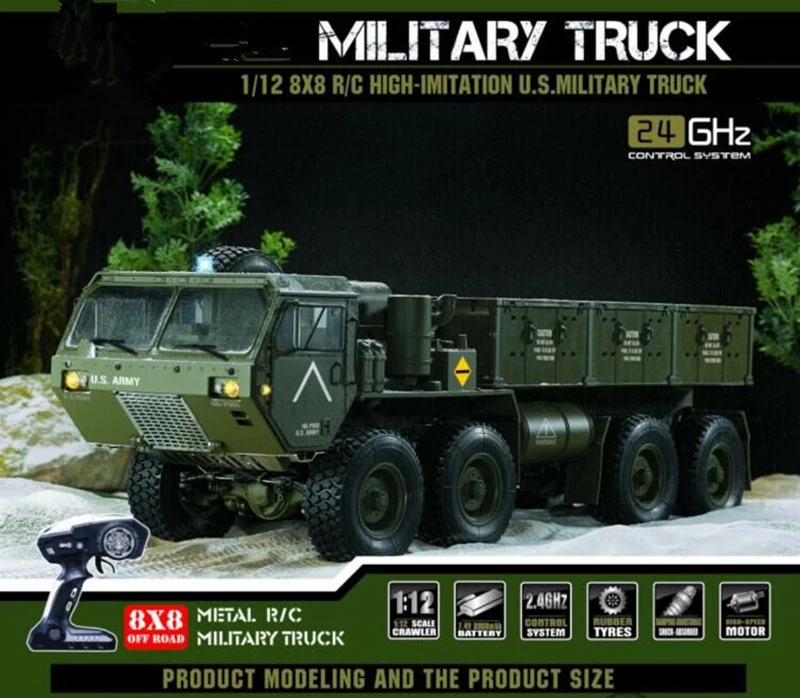 Profesional 74CM Large Remote Control RC Truck 1:12 2.4G 8WD built in 7.4V 3000mah battery Military Truck Emulation Off-Road Car
Profesional 74CM Large Remote Control RC Truck 1:12 2.4G 8WD built in 7.4V 3000mah battery Military Truck Emulation Off-Road Car