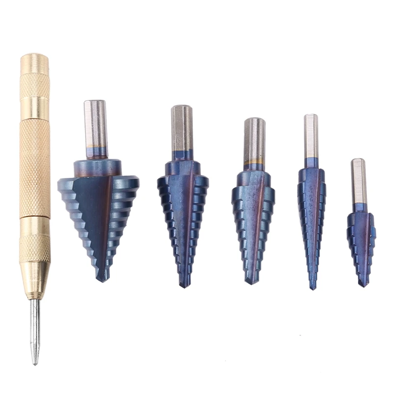 HSS 7PCS Titanium Step Drill Bit Set With Automatic Center Punch High Speed Steel Drill Bits Set For Sheet Metal
HSS 7PCS Titanium Step Drill Bit Set With Automatic Center Punch High Speed Steel Drill Bits Set For Sheet Metal