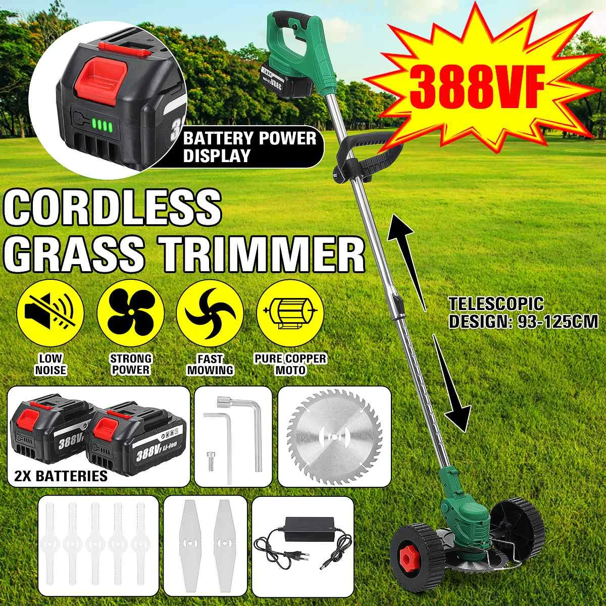 388Vf 15000mAh Cordless Electric Grass Trimmer Double Wheel Adjustable Lawn Mower Garden Pruning Cutter Tool + 2 Makita Battery
388Vf 15000mAh Cordless Electric Grass Trimmer Double Wheel Adjustable Lawn Mower Garden Pruning Cutter Tool + 2 Makita Battery