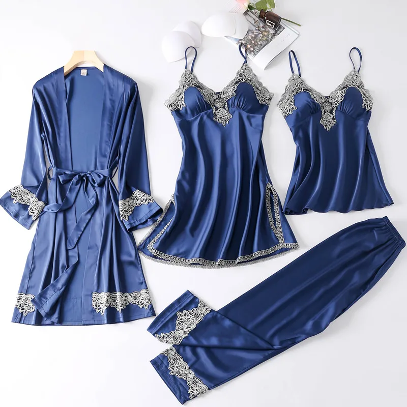 Spring and Autumn Ladies Ice Silk Pajamas Four-piece Sexy Sling Home Pajamas Set Ladies Long Sleeve Pajamas Set
Spring and Autumn Ladies Ice Silk Pajamas Four-piece Sexy Sling Home Pajamas Set Ladies Long Sleeve Pajamas Set