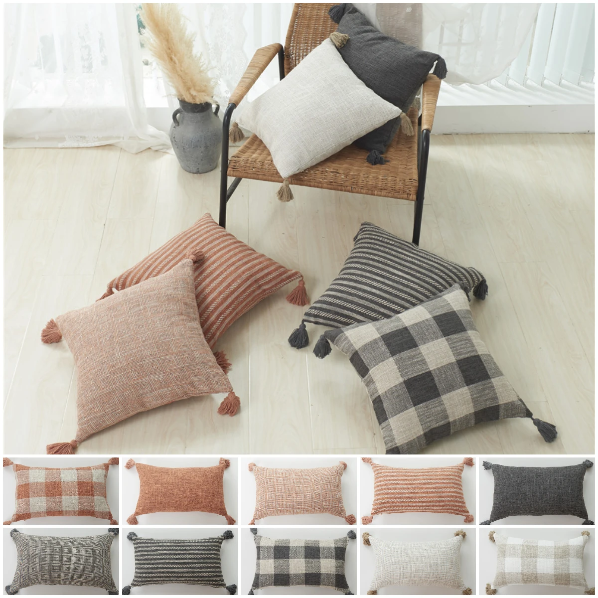 

30X50/45X45CM Yarn Dyed Cotton Linen Tasselled Cushion Cover Hot Plaid Stripes Geometry Pillowcase Cojines Decorativos Para Sofa