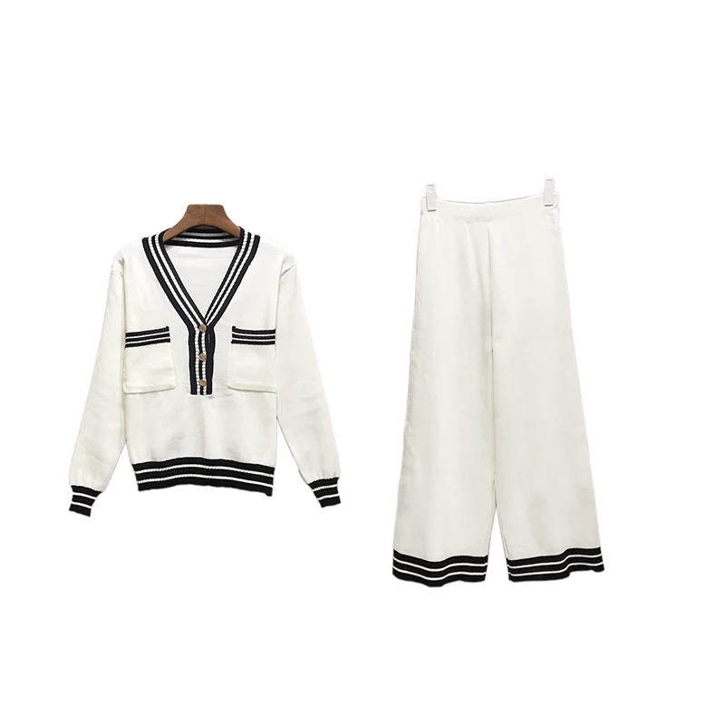 Knitted Women 2 Pieces Pant Sets Autumn Winter Button V-Neck Striped Pullover Sweater and Ankle-Length Wide Leg Pant Suits
Knitted Women 2 Pieces Pant Sets Autumn Winter Button V-Neck Striped Pullover Sweater and Ankle-Length Wide Leg Pant Suits