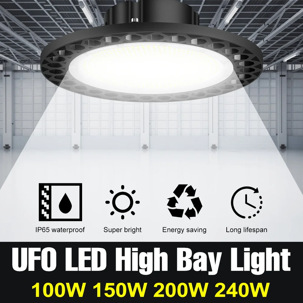 

100W 150W 200W 240W UFO LED High Bay Light AC220V Industrial Lighting IP65 Outdoors Waterproofs Bulb For Garage Warehouse Market