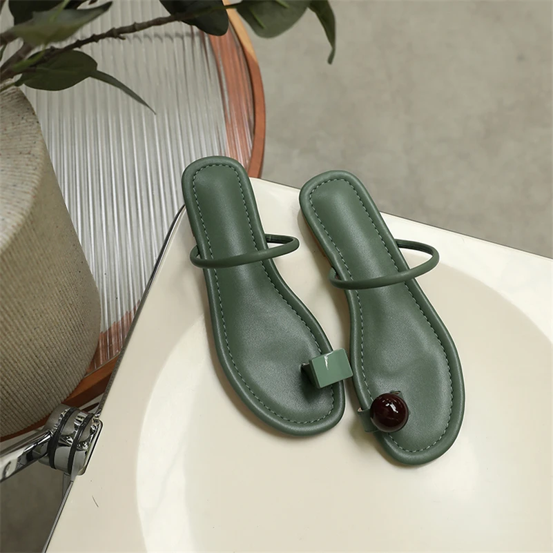 

Meotina Women Slippers Shoes Genuine Leather Narrow Band Sandals Flat Thong Sandals Round Toe Cow Leather Lady Footwear Summer