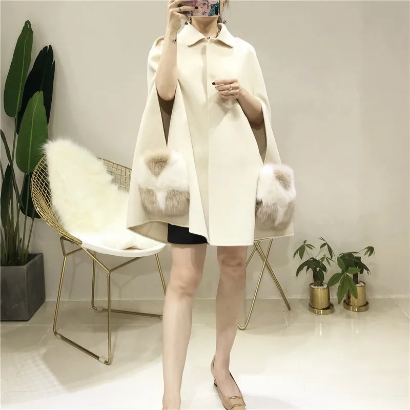 Women Cashmere Cape coat Genuine Fox Fur Pocket Double-faced wool fashion Cloak female winter clothing
Women Cashmere Cape coat Genuine Fox Fur Pocket Double-faced wool fashion Cloak female winter clothing