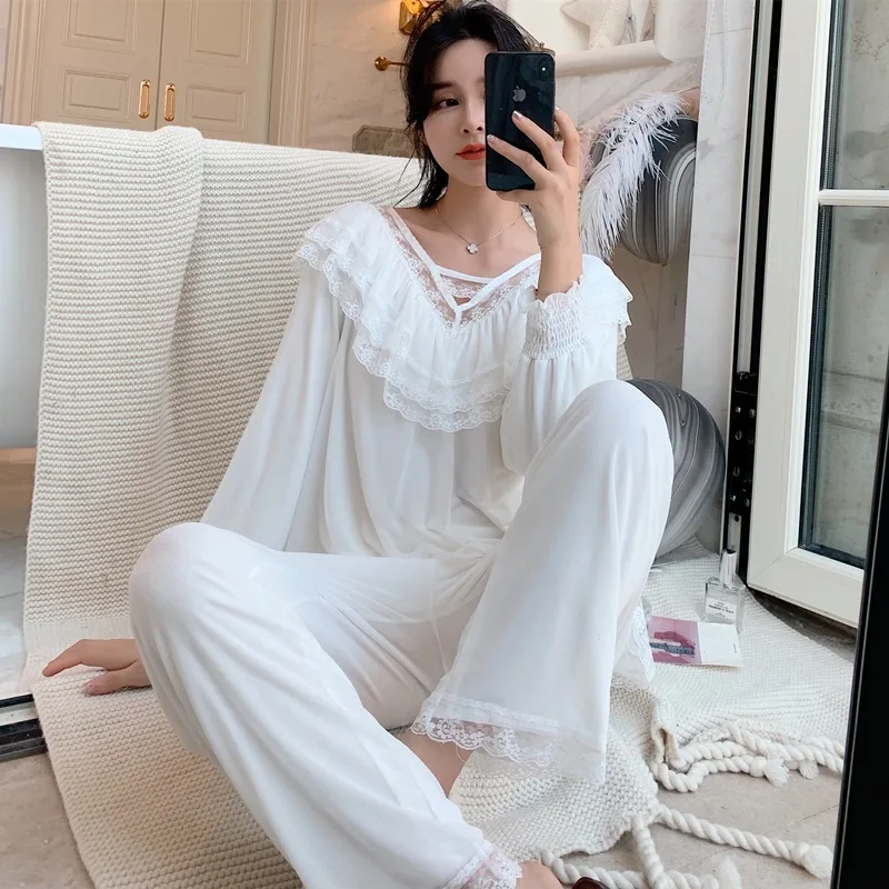 Pajamas Set Women Sweet Lace Sleepwear Spring Long Sleeve Pyjamas Lovely Princess Style Pijamas Suit Casual Hollow Out Home Wear
Pajamas Set Women Sweet Lace Sleepwear Spring Long Sleeve Pyjamas Lovely Princess Style Pijamas Suit Casual Hollow Out Home Wear