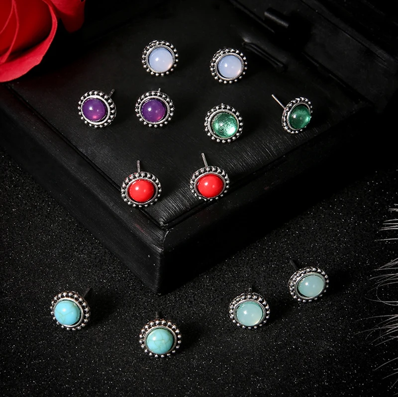 

Vintage Silver Earring Set Turquoise Gemstone Stud Color Earrings Multiple Boho Earring Set Jewelry for Women and Girls 6 Pairs