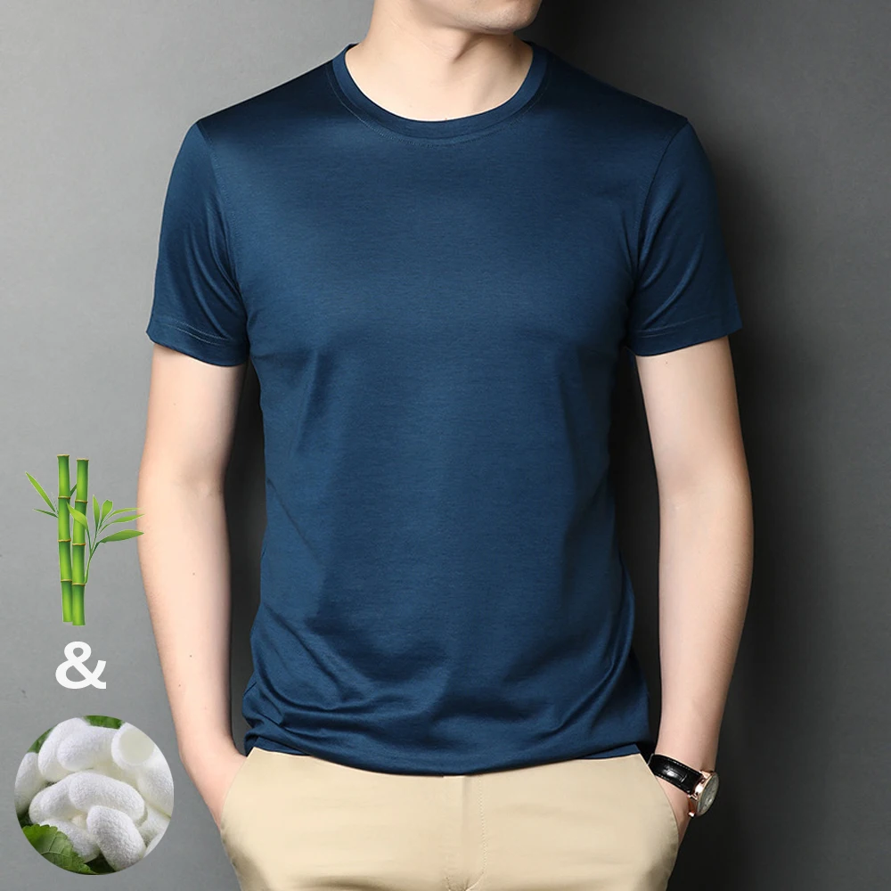 

Мужская хлопковая футболка, темно-синяя, белая, из шелка и бамбука, вискозы, с коротким рукавом, с круглым вырезом
