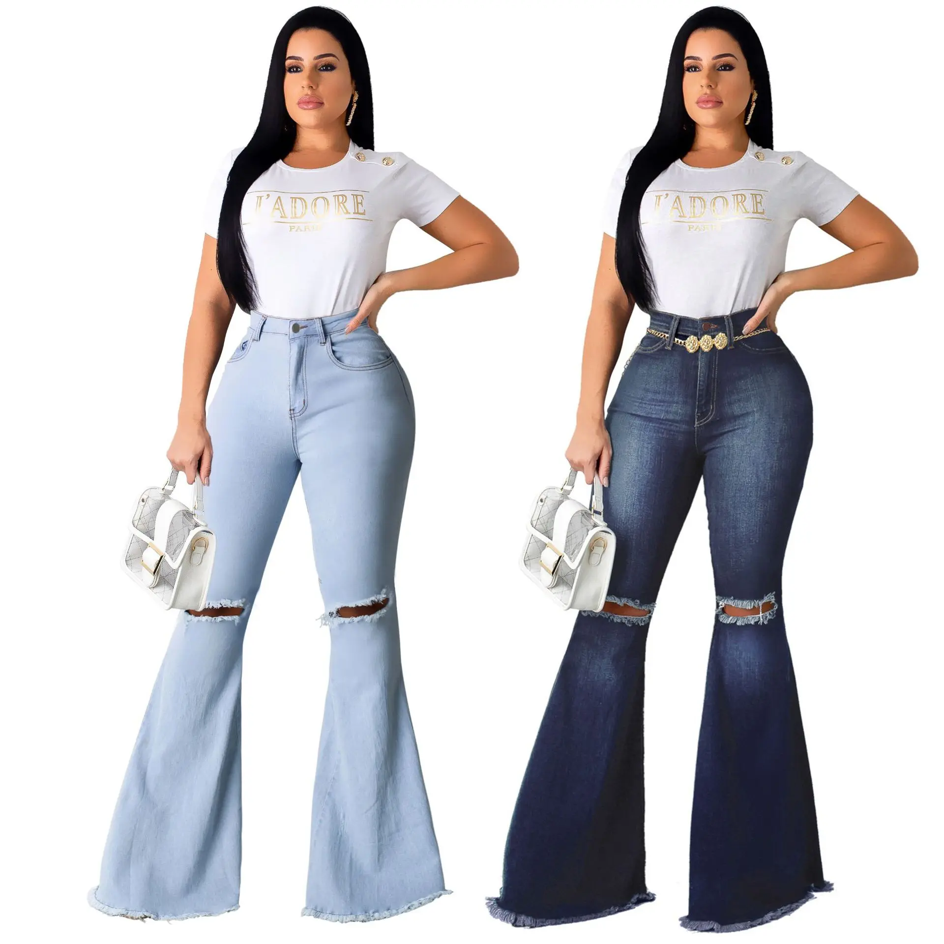 European and American women's fashion all-match wide-legged Slim-fit Knee hole mother jeans flared pants
European and American women's fashion all-match wide-legged Slim-fit Knee hole mother jeans flared pants