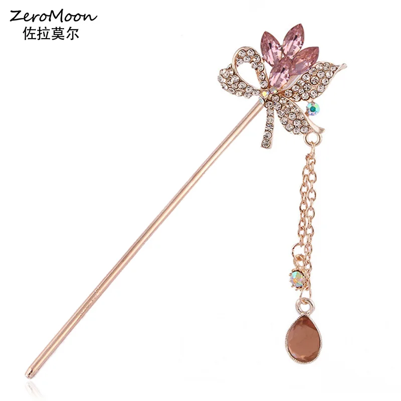 Korea Style Crystal Rhinestone Flower Hair Stick Teardrop Metal Chain Tassel Accessory Women Fashion Jewelry | Украшения и