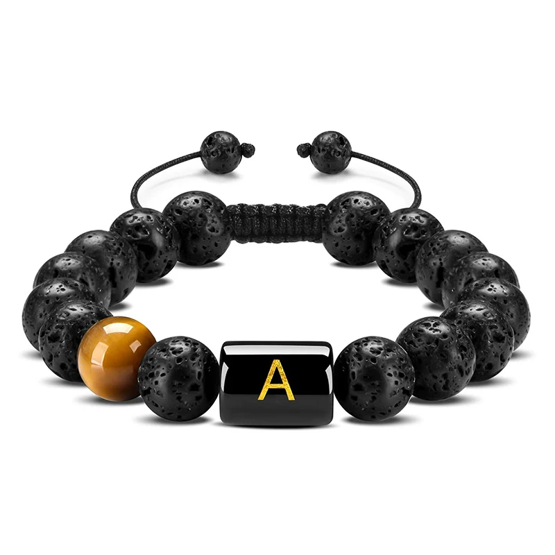 

Fashion 10mm Natural Lava Rock Stone Bracelet Initial Letters Beads Bracelet Essential Oil Diffuser Bracelet Men Yoga Jewelry