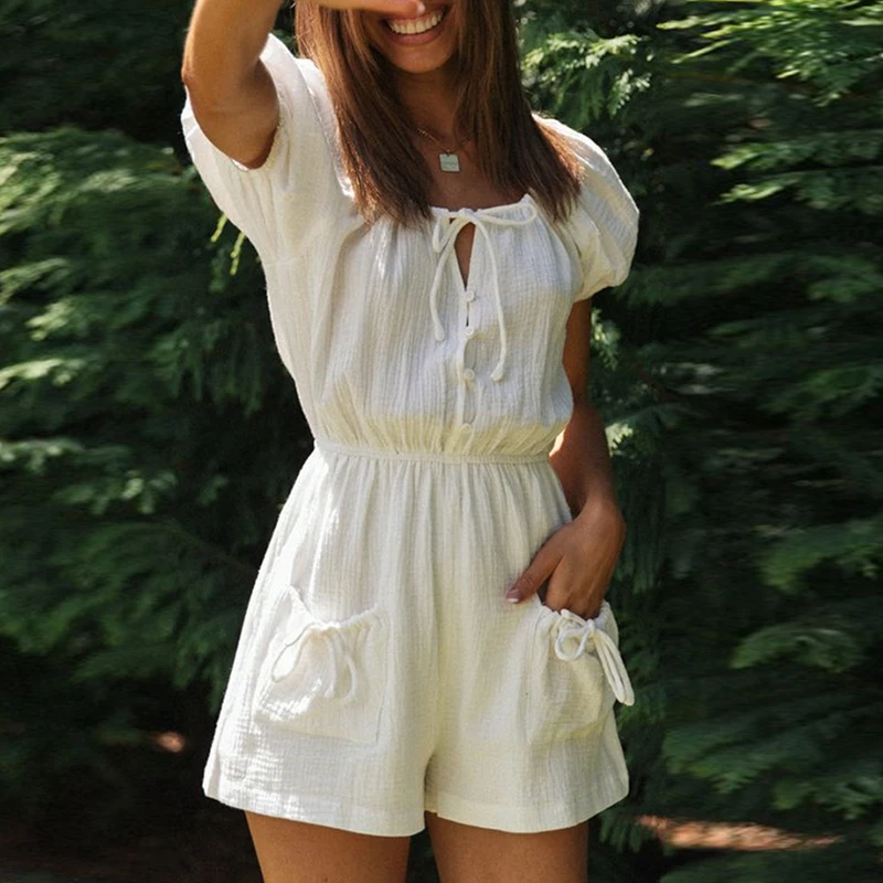 Women Summer New White Playsuits 2021 Casual Short Sleeve Short Overalls Female Pocket Lace-up Rompers Beach Playsuit
Women Summer New White Playsuits 2021 Casual Short Sleeve Short Overalls Female Pocket Lace-up Rompers Beach Playsuit